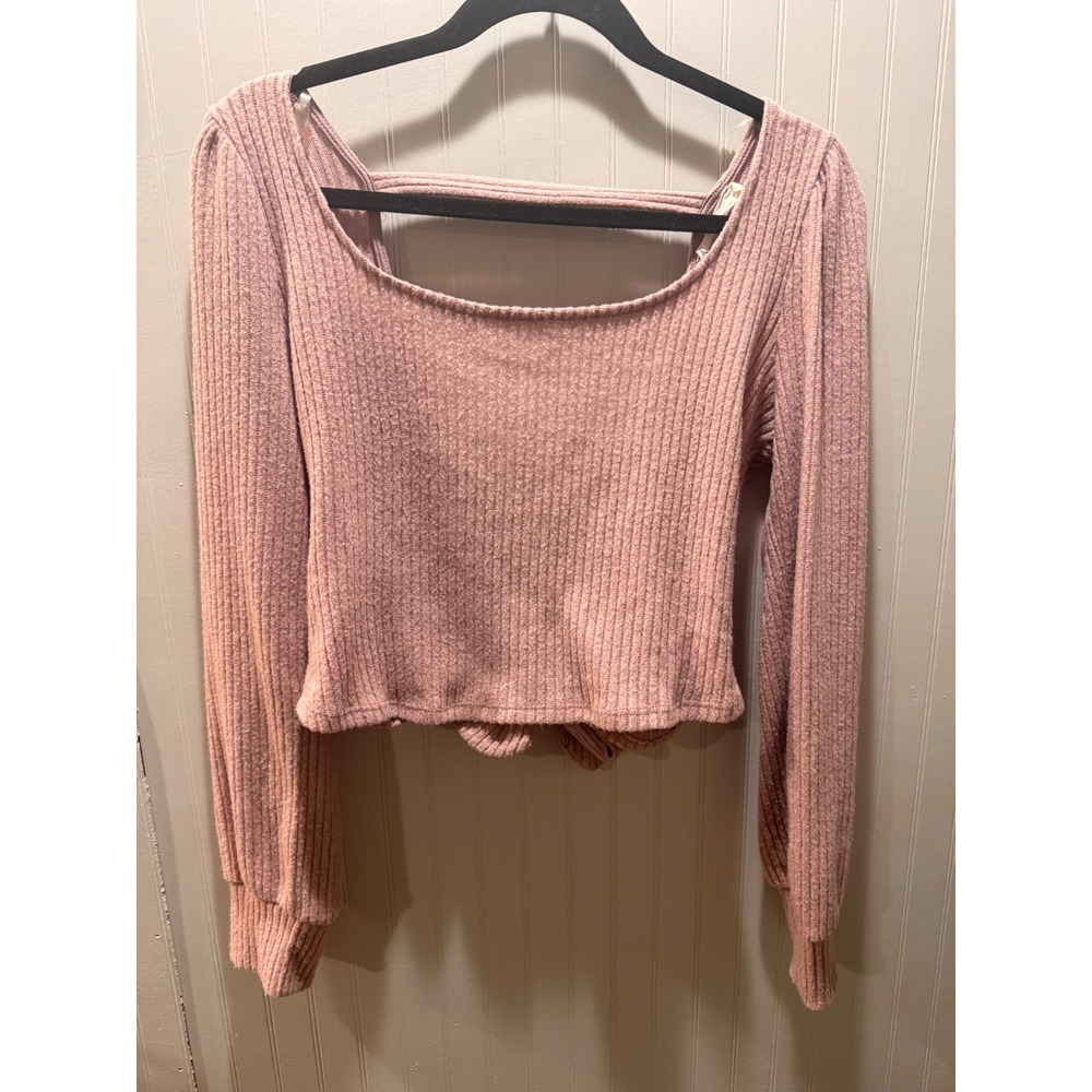 Lush Pink Ribbed Knit Open Back Tie Knot Long Sleeve Crop Top Womens Large